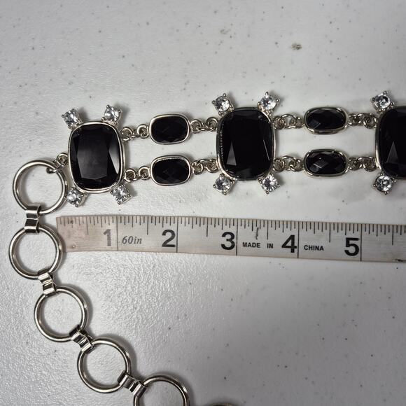 Black Faceted Gemstones Rhinestones Silver Tone Bling Metal Waist Belt 30\